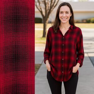 J Jill XL Button Front Shirt Red Black Plaid Top Collar Long Sleeve POCKETS